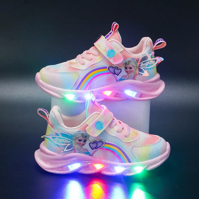 Disney Girls’ LED Light-Up Sneakers – Breathable Mesh Princess Elsa Casual Sports Shoes for Kids (Size 22–37)
