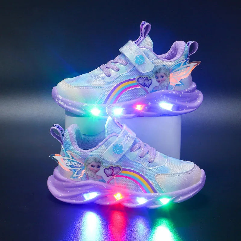 Disney Girls’ LED Light-Up Sneakers – Breathable Mesh Princess Elsa Casual Sports Shoes for Kids (Size 22–37)