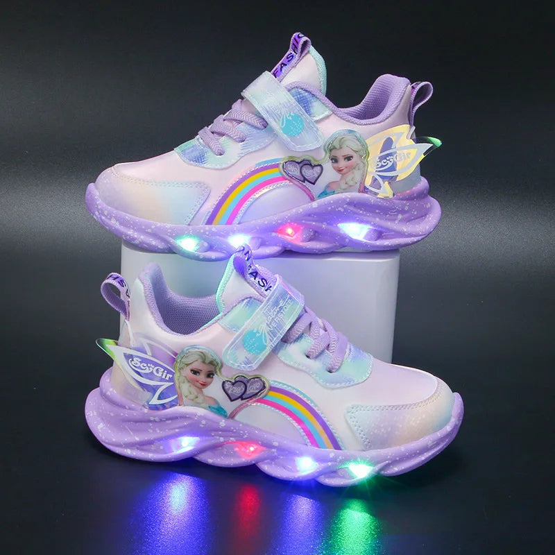 Disney Girls’ LED Light-Up Sneakers – Breathable Mesh Princess Elsa Casual Sports Shoes for Kids (Size 22–37)
