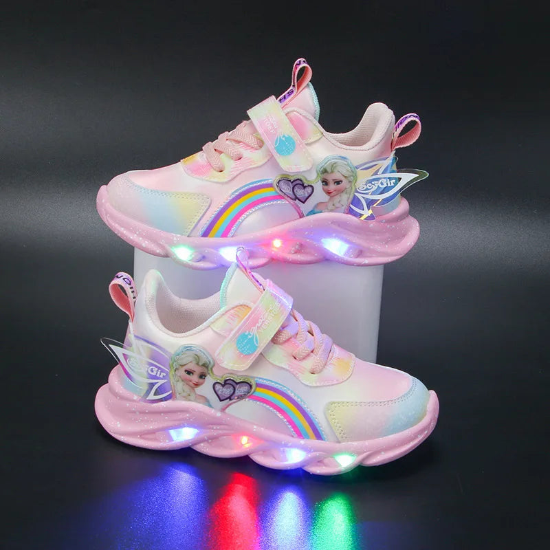 Disney Girls’ LED Light-Up Sneakers – Breathable Mesh Princess Elsa Casual Sports Shoes for Kids (Size 22–37)