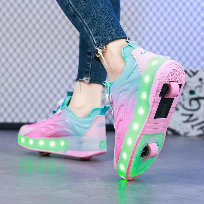 "Kids’ 2-Wheel LED Roller Skate Shoes – USB Charging Light-Up Sneakers for Boys & Girls, Glowing Sports Luminous Skateboard Shoes