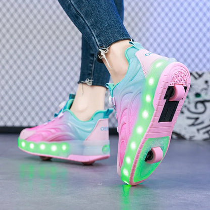 "Kids’ 2-Wheel LED Roller Skate Shoes – USB Charging Light-Up Sneakers for Boys & Girls, Glowing Sports Luminous Skateboard Shoes