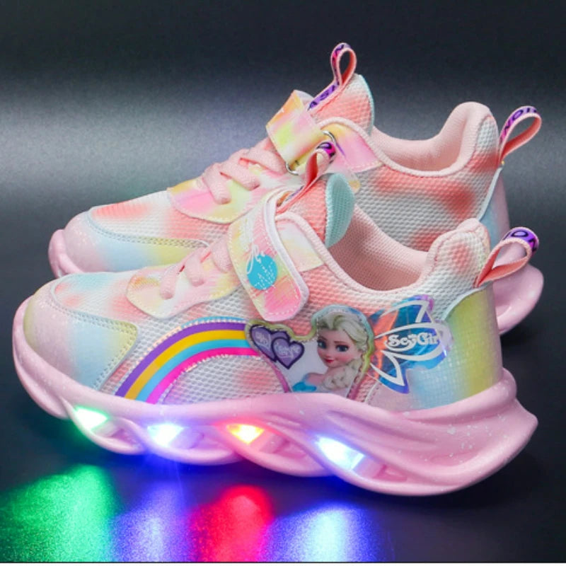 Disney Girls’ LED Light-Up Sneakers – Breathable Mesh Princess Elsa Casual Sports Shoes for Kids (Size 22–37)