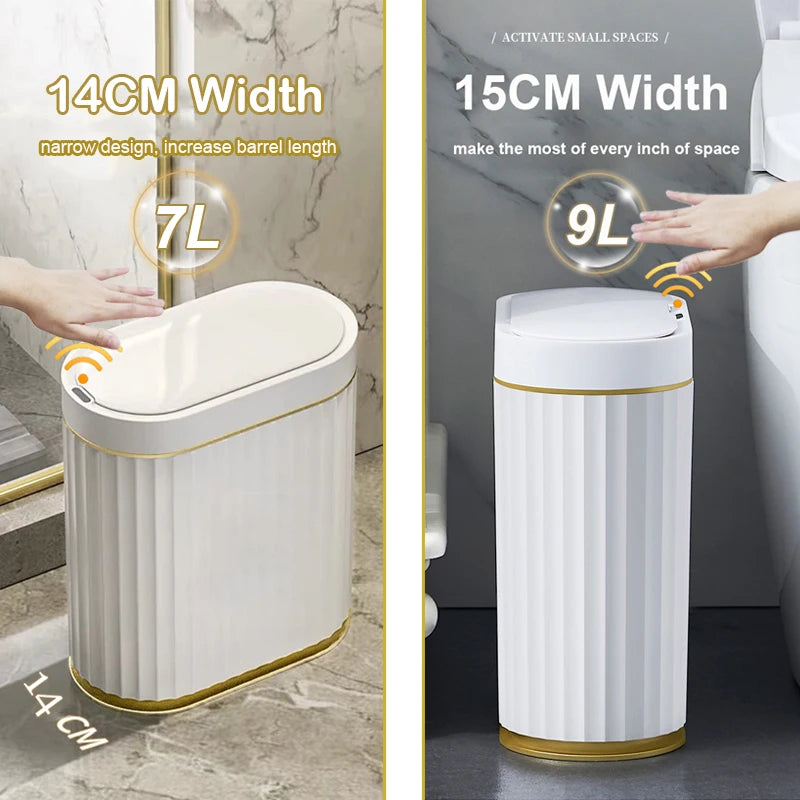 7L/9L Smart Sensor Trash Can – Touchless Automatic Waste Bin with Roman Stripe Design for Bathroom, Kitchen & Office