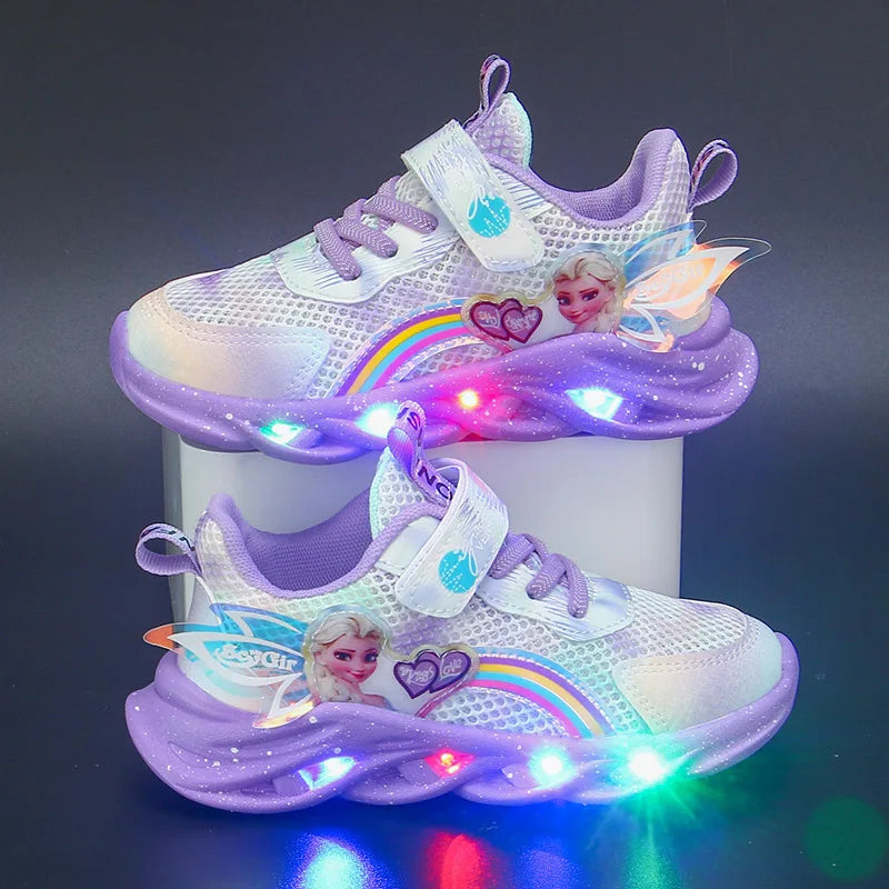 Disney Girls’ LED Light-Up Sneakers – Breathable Mesh Princess Elsa Casual Sports Shoes for Kids (Size 22–37)