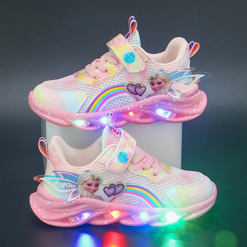 Disney Girls’ LED Light-Up Sneakers – Breathable Mesh Princess Elsa Casual Sports Shoes for Kids (Size 22–37)