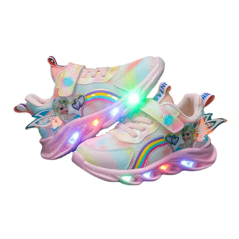 Disney Girls’ LED Light-Up Sneakers – Breathable Mesh Princess Elsa Casual Sports Shoes for Kids (Size 22–37)