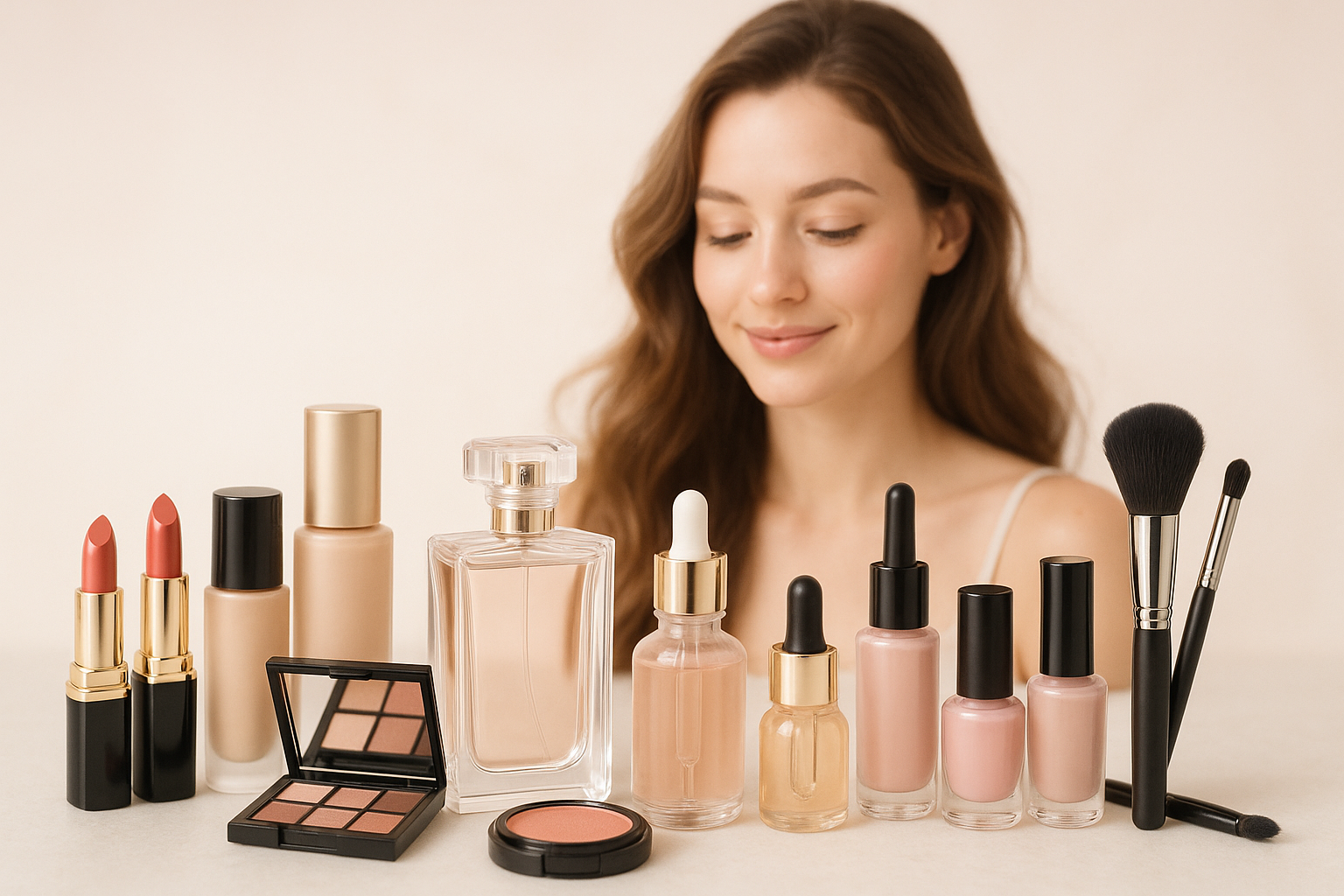 give me an image of different beauty products make sure the beauty products should be many and a girl in the backgroung then make sure the background color is a li 